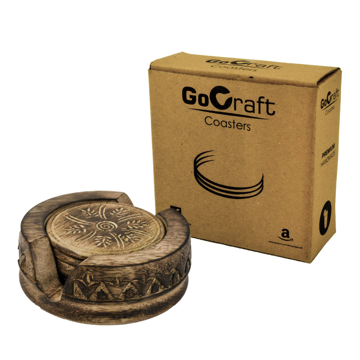 GoCraft Wooden Coasters Set of 6 | Handmade Drink Coasters with Lotus Shaped Holder in Rustic Wood Design Carving GoCraft
