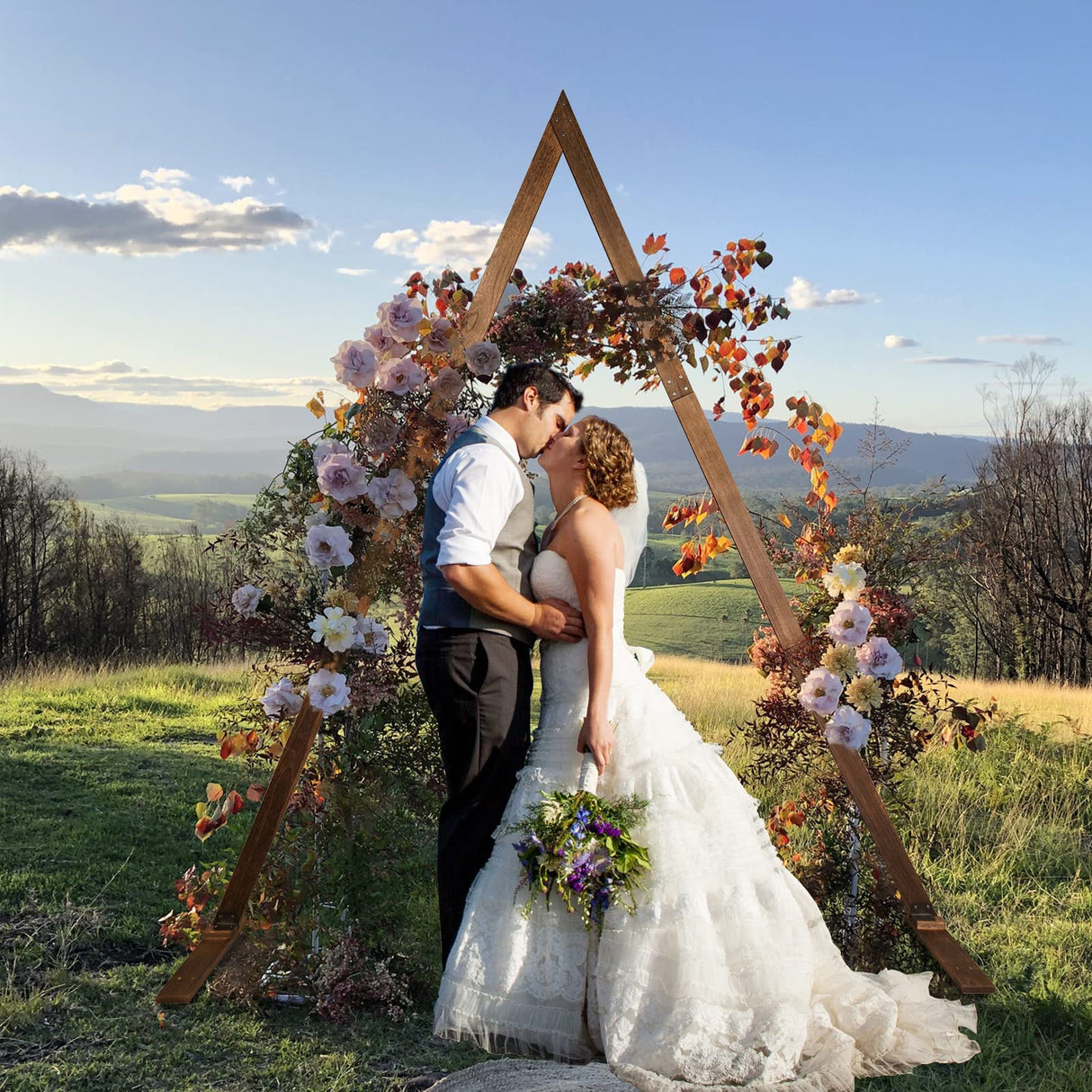 Wooden Wedding Arch 8.2FT, Triangle Wedding Arch, Wedding Arches for Ceremony, Natural Wood Wedding Backdrop Stand for Garden Wedding Parties, Wooden Arch Decor Rustic Wedding Arch Decorations Yaseingoo