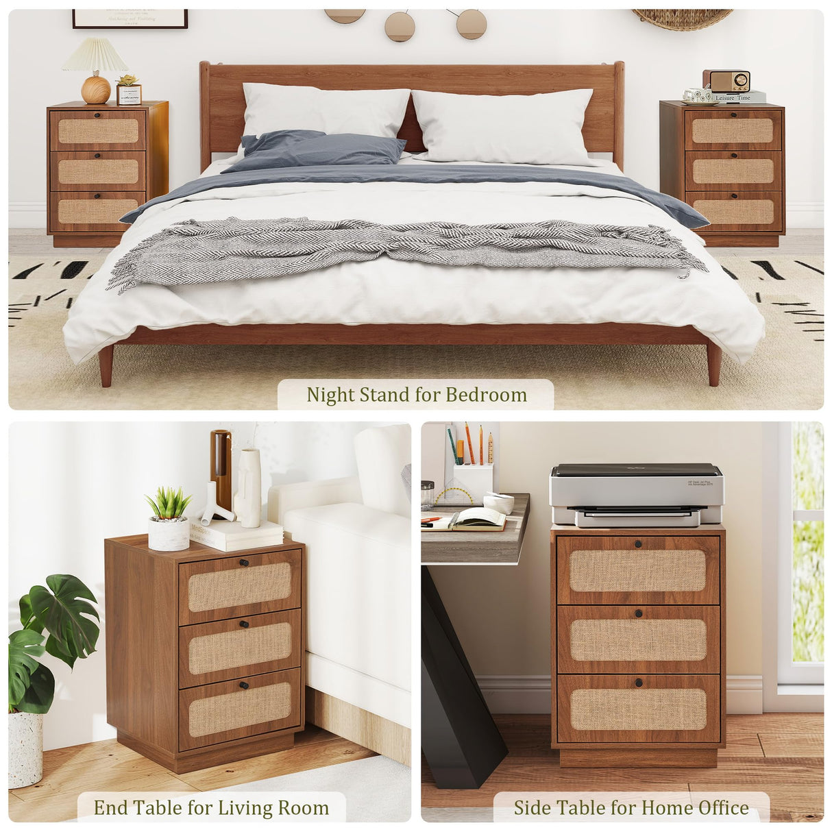 AVZEAR Mid Century Night Stand Set of 2, Modern Nightstand with 3 Drawers and Nature Linen Panel, Wood Bedside Table Rustic End Table for Small Space, Dorm, Bedroom(Walnut) AVZEAR