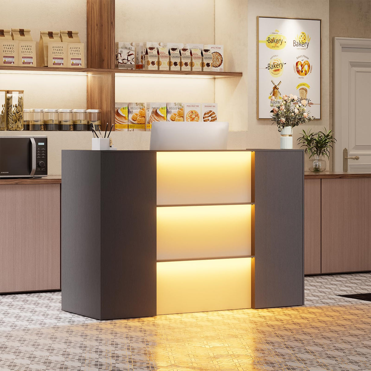 PAKASEPT Modern Reception Desk with LED Lights, 63 Inches Front Counter Table with Lockable Drawer & Shelves, Checkout Counter for Reception Room, Lobby, Beauty Salon, Retail, Office(Black) PAKASEPT