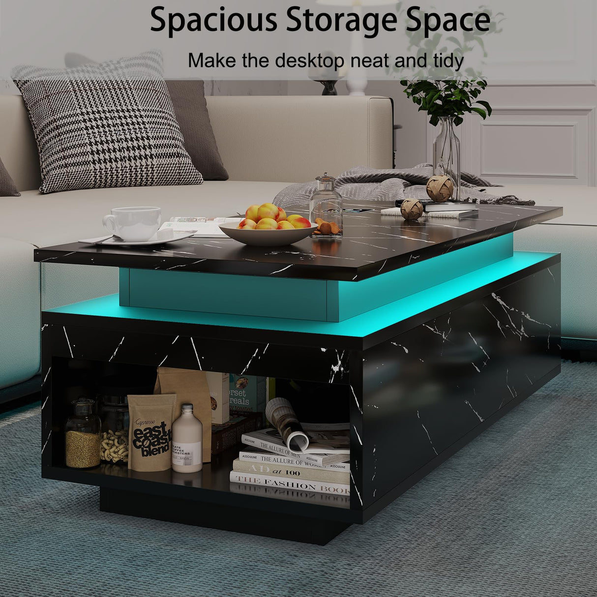 PPorfamilia LED Coffee Table with Storage, Black Coffee Table with Wireless Charging and Bluetooth Speaker, High Glossy Modern Center Table with 24-Color LED Lights for Living Room Bedroom PPorfamilia