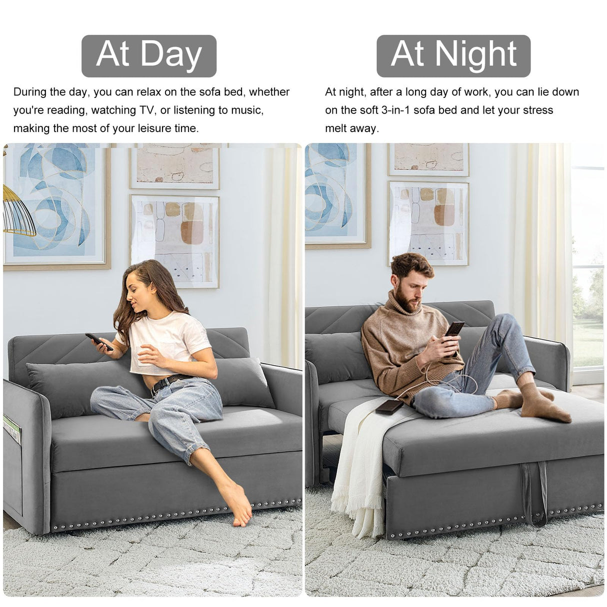 howcool 3 in 1 Convertible Sleeper Futon Sofa Bed, 55" Velvet Small Loveseat Lounge Couches with 2 Pillows, Reclining Backrest, USB Ports & Side Pockets for Living Room, Pull-Out Couch, Light Grey howcool