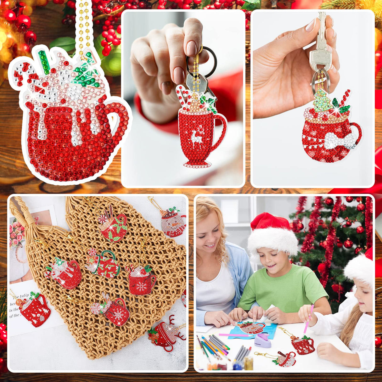 BBTO 15 Pieces Christmas Diamond Painting Keychain Ornaments 5D DIY Hot Cocoa Art for Kids Crafts Family Decor (Cute) BBTO