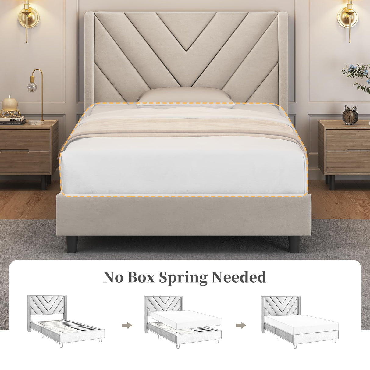 Yaheetech Twin Bed Frame Upholstered Platform Bed with Wing Side/Wooden Slat Support/Tufted Headboard with Wing Side/Mattress Foundation/No Box Spring Needed,Beige Twin Bed Yaheetech