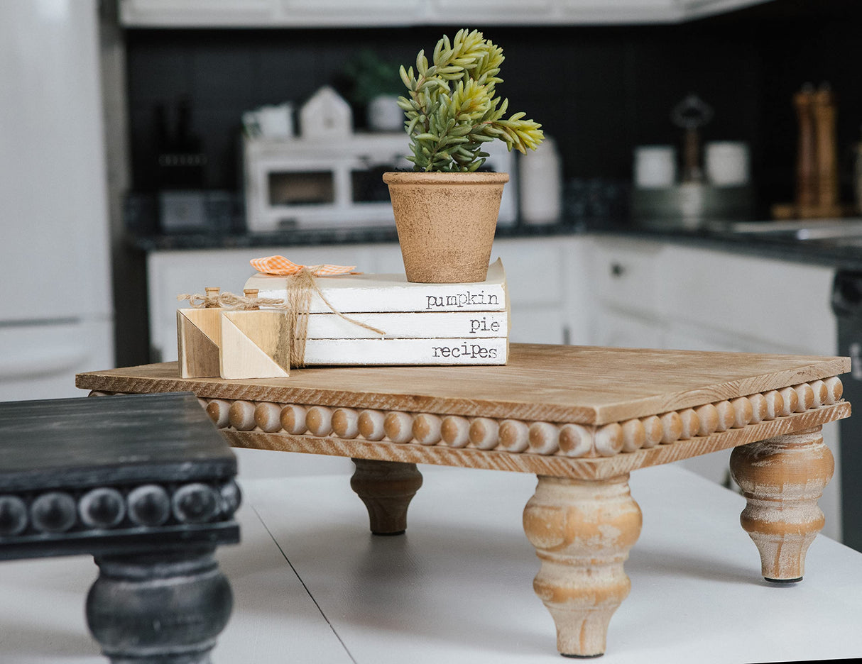 Decorative Tray Stand Display Riser - Wooden Tiered Tray Decor for Tabletop Use, Kitchen Island, Coffee Bar - Farmhouse Wood Risers, Beaded Pedestal Stand Farmhouse Kitchen Decor (Rustic Brown) Felt Creative Home Goods
