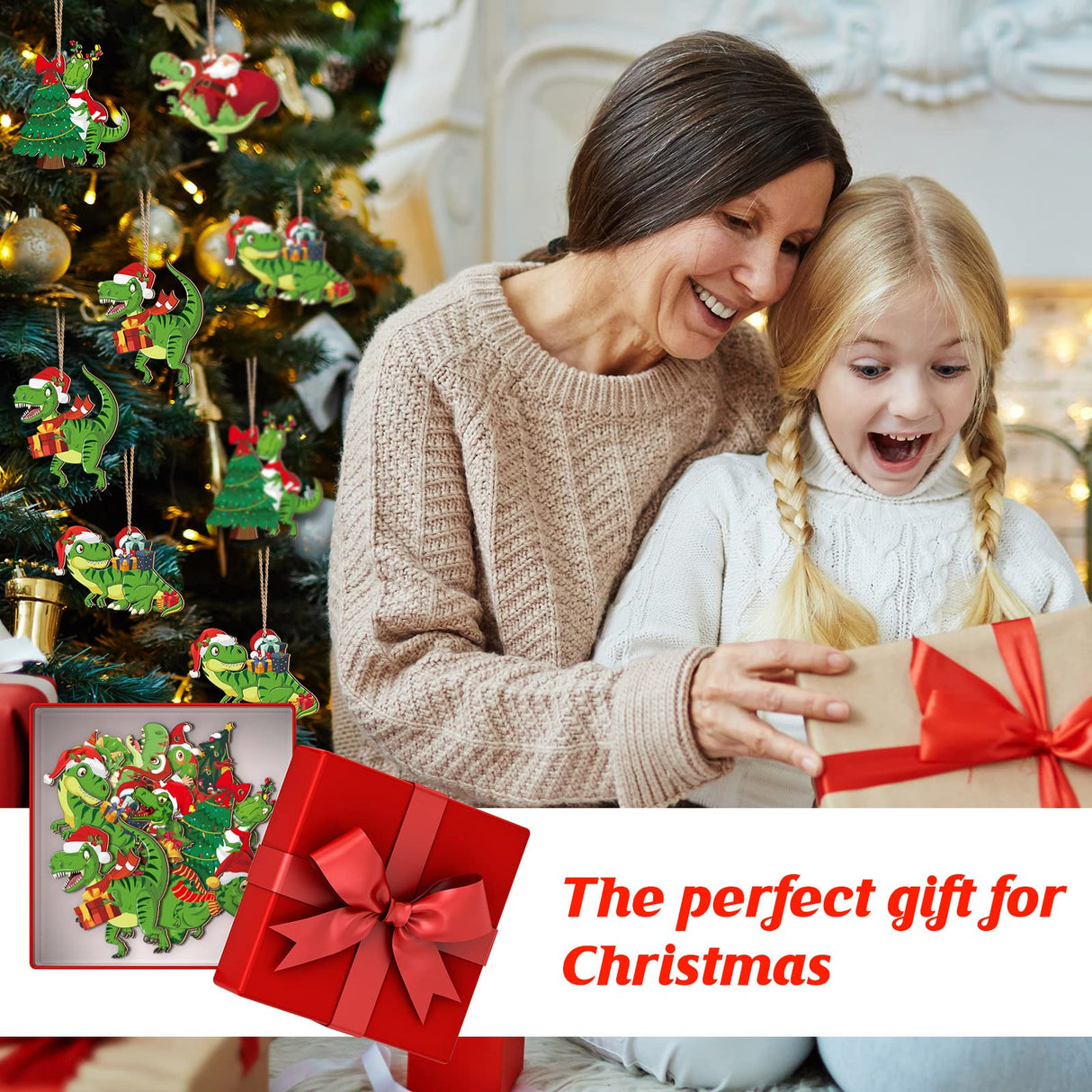 BBTO 40 Pcs Christmas Dinosaur Ornaments Christmas Tree Topper Ornaments Wood Decorative Hanging Dinosaur Wooden Ornaments for Christmas Tree Xmas Party Holiday Decoration BBTO