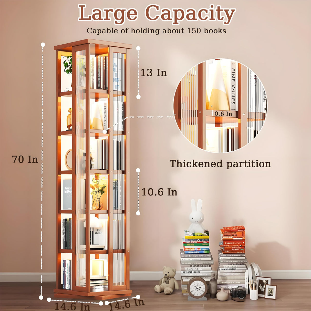 idhhco 6 Tier Rotating Bookshelf, 360° Spinning Book Shelf Tower, Bamboo, Bookshelf Floor Standing Storage Rack, Narrow Book Storage Shelf for Kids&Adults, Living Room, Bedroom, Study, Balck, Brown idhhco