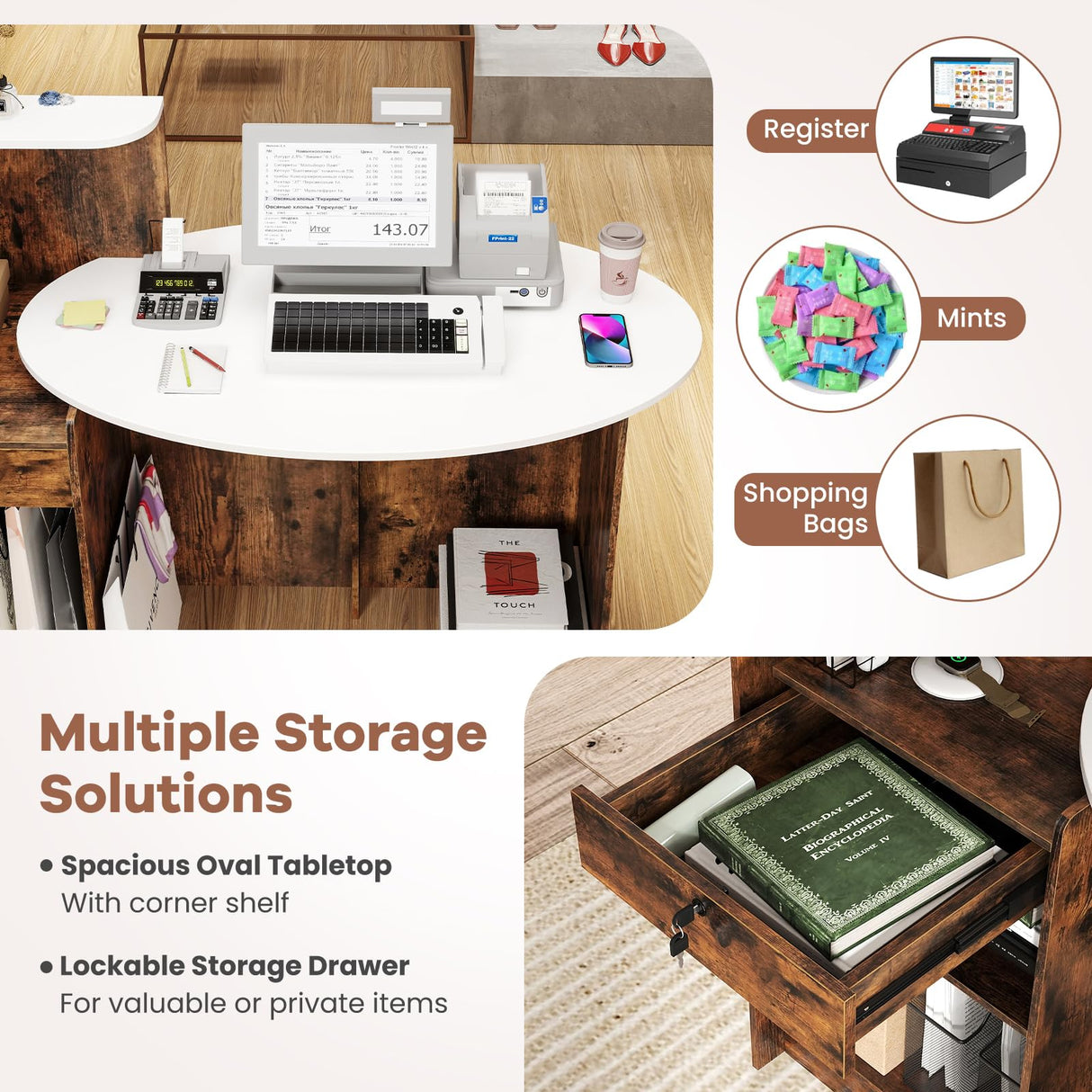 Giantex Reception Desk, Front Counter Desk with Lockable Drawer, Oval Tabletop & Adjustable Shelf, Retail Register Stand, Checkout Table for Office Beauty Salon Reception Room (White & Rustic Brown) Giantex