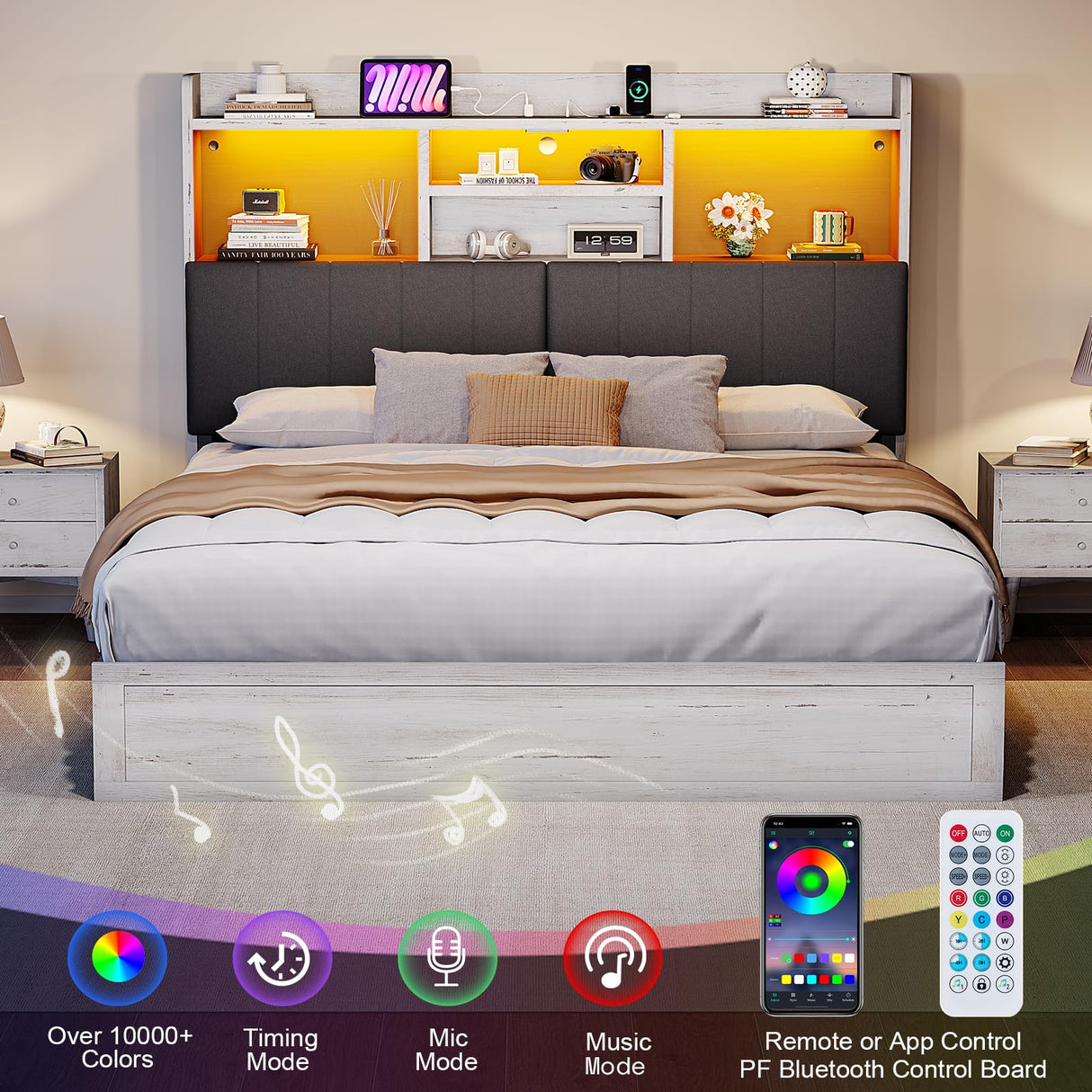 YUMPIE King Bed Frame with Bookcase Headboard, Farmhouse Upholstered Platform Bed with 4 Storage Drawers, LED Bed with Charging Station, Wood Slats Support, No Box Spring Needed, Distressed White YUMPIE