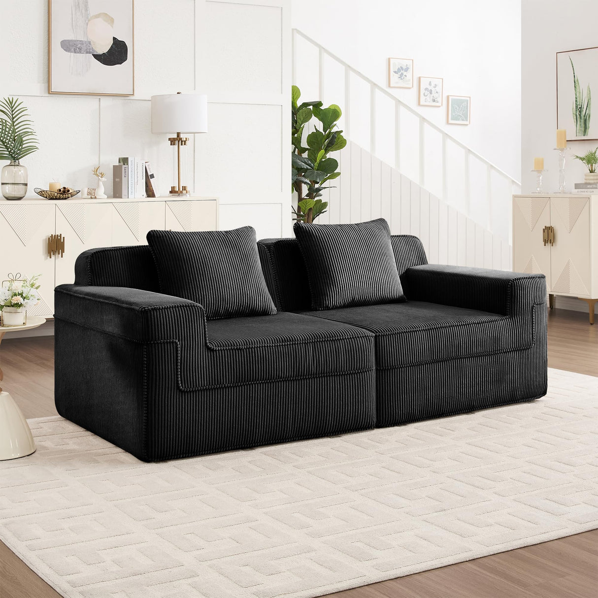 KEIKI Modular 2 Seat Loveseat Boneless Sofa, Cloud Sectional Couch with Deep Seat, Modern Modular 2-Seat Sofa Couch with Throw Pillows Corduroy Fabric, No Assembly Required, Black KEIKI