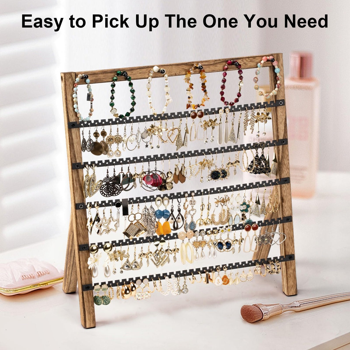 Emfogo Earring Holder Organizer, 6 Tier Earring Display Stand with 285 Holes & 6 Bracelet Rods, Rustic Wood Jewelry Organizer for Earring Bracelet Necklace Ring, Gifts for Women (Rustic) Emfogo