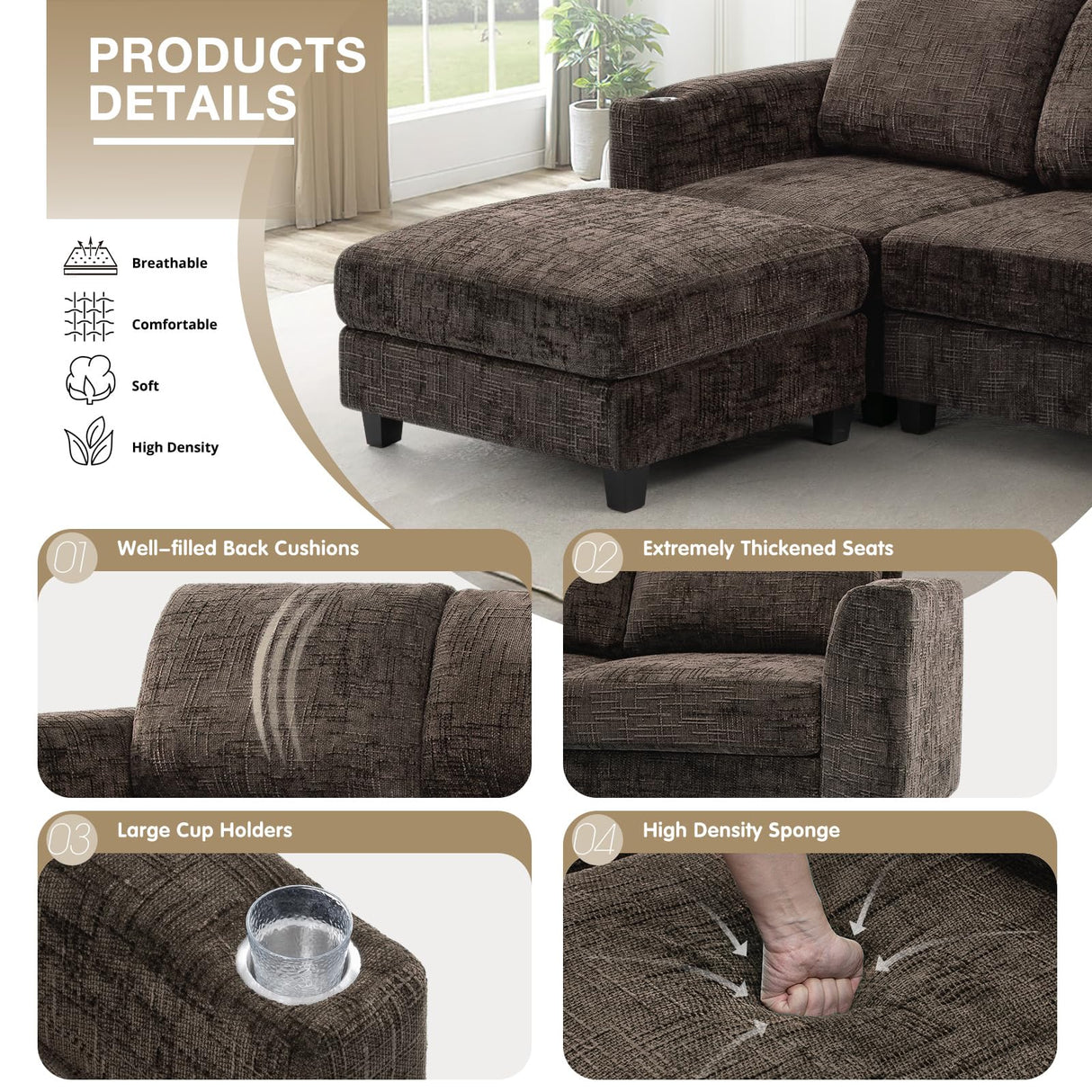 Lesofair 110" Chenille Sectional Sofa with Movable Ottomans, Modular U-Shape Couch with Cup Holders, Convertible 4 Seater Sofa with Well-Filled Backrest Cushions for Living Room, House, Brown Lesofair