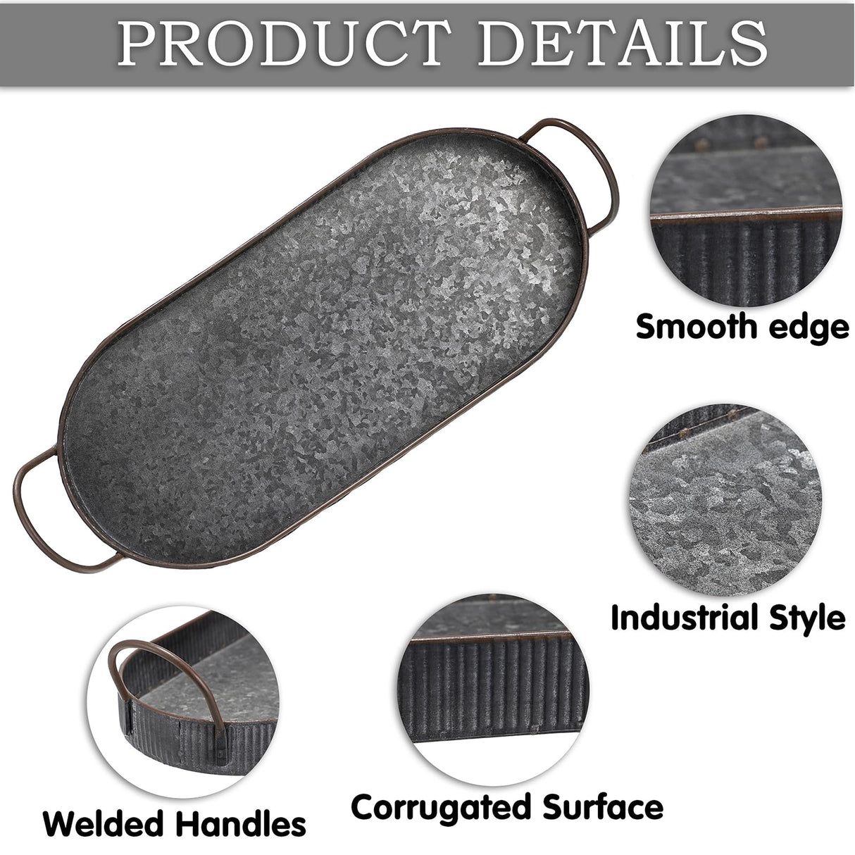 Hipiwe Oval Galvanized Metal Iron Tray with Handle, Industrial Style Storage Serving Tray Farmhouse Rustic Decorative Coffee Table Centerpiece for Home Decor Hipiwe