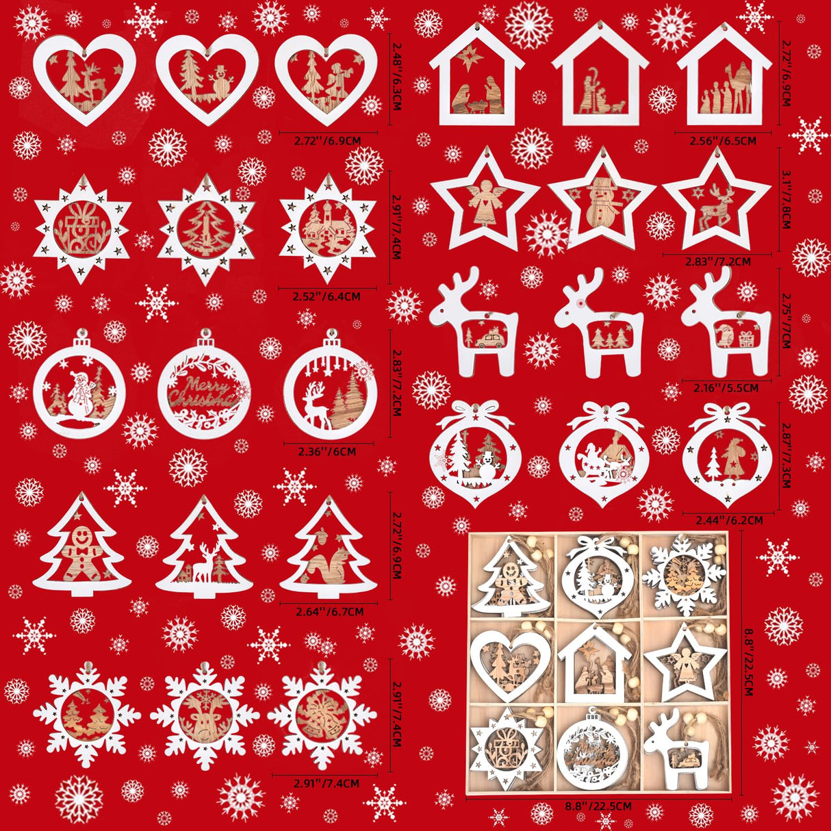 Ovootok Wooden Christmas Tree Ornaments, 27PCs 3D Hanging Christmas Decorations, Rustic Farmhouse & Winter Wonderland Ornaments for Christmas Tree Xmas Party, Santa Claus Snowman Snowflake (White) Ovootok