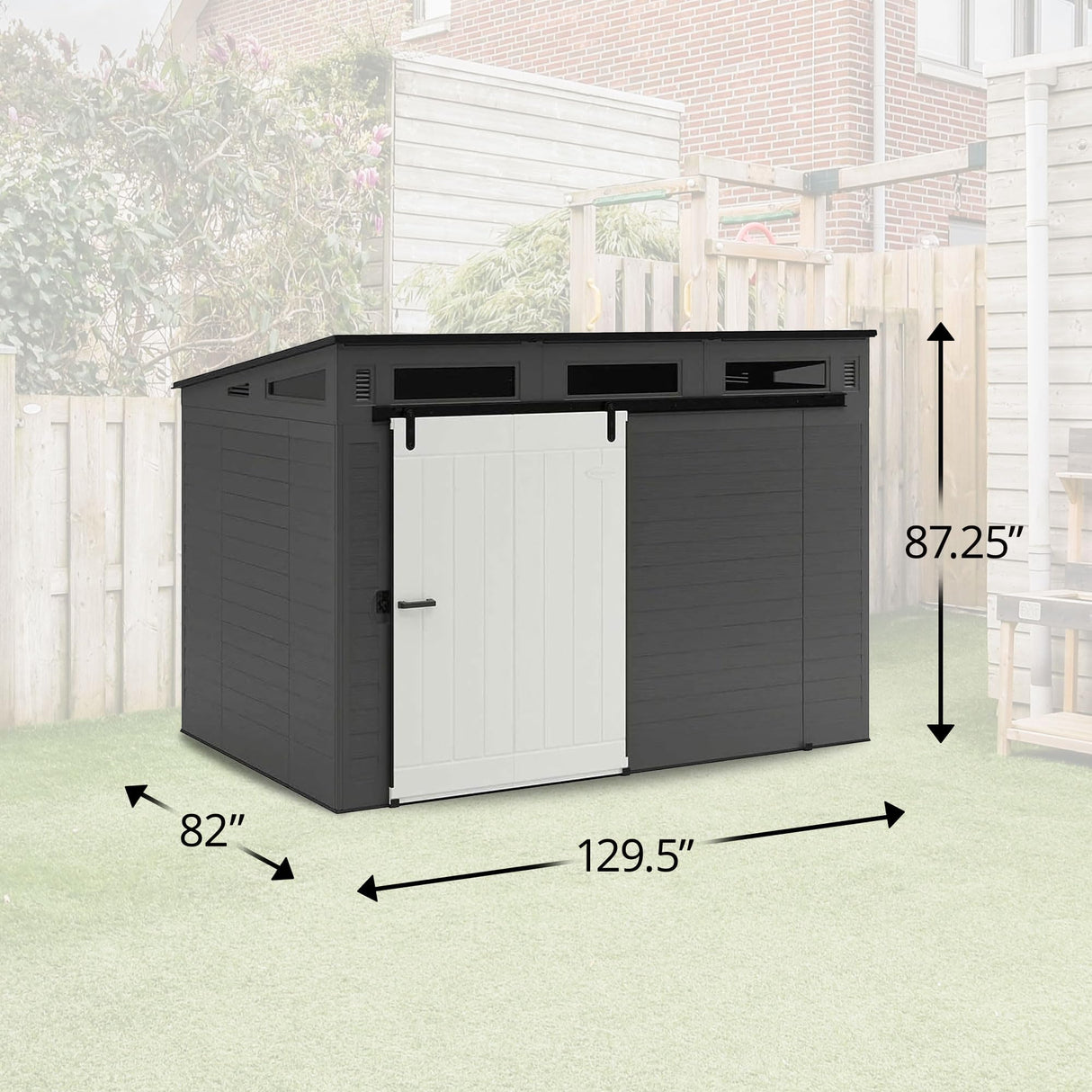 Suncast Modernist 10 Foot by 7 Foot Outdoor Plastic Storage Shed with Pad Lockable Sliding Barn Door for Outdoor Storage Items, Gray and Black Suncast