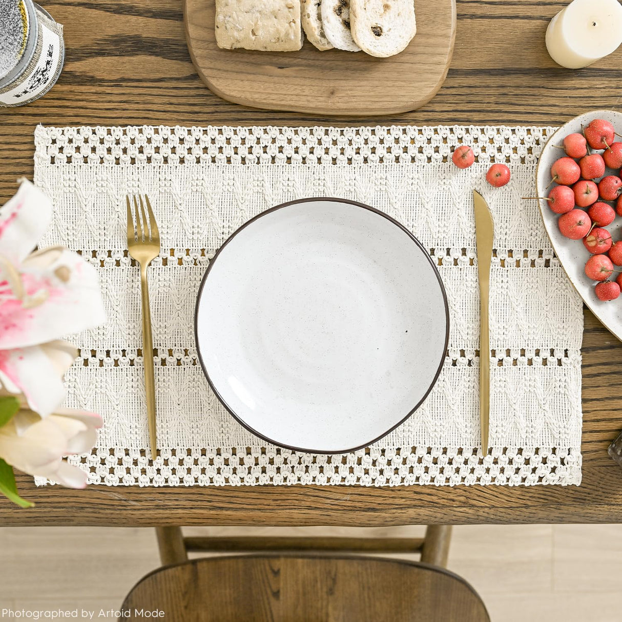 Artoid Mode Beige Farmhouse Woven Rustic Hollow Placemats Set of 4,12x18 Inch Seasonal Holiday Table Mats Party Kitchen Dining Decoration Artoid Mode