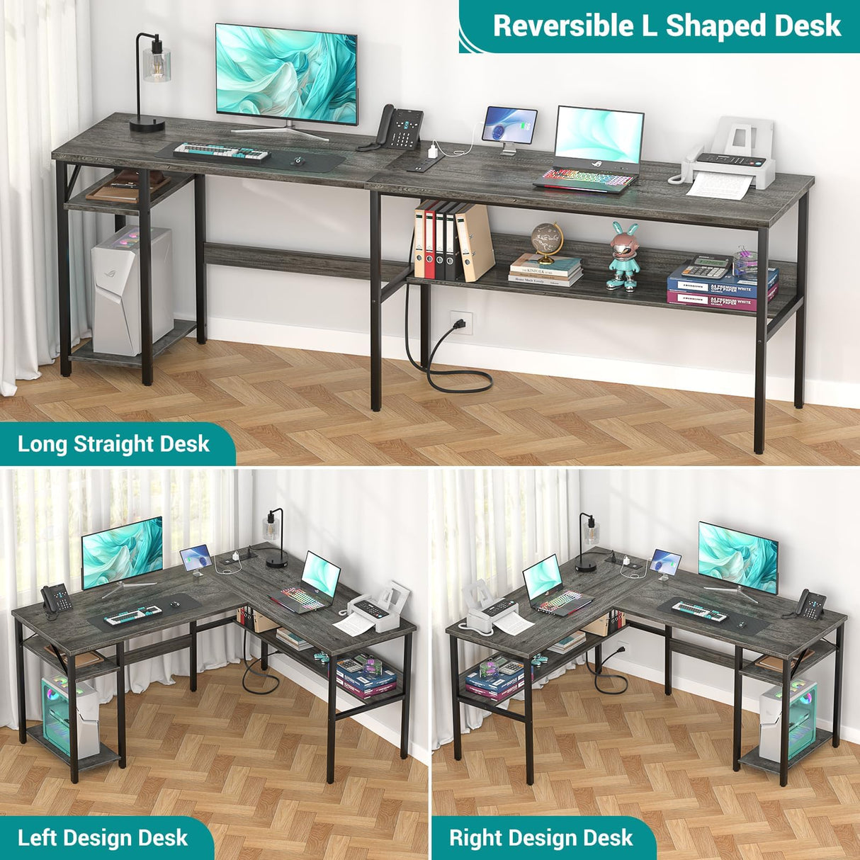 Hyomdeck Reversible L Shaped Gaming Desk with Power Outlets and USB Charging Ports, Sturdy Computer Desk with Storage Shelf, Modern Corner Desk Home Office Table, Easy to Assemble, Gray Oak Hyomdeck