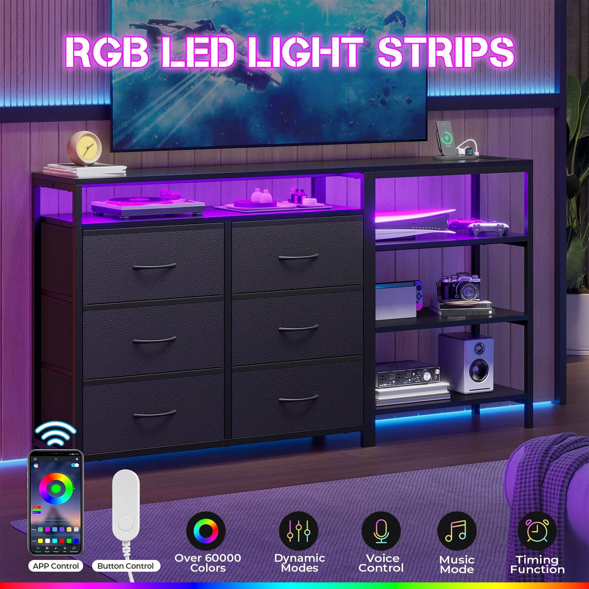 HAUOMS TV Stand for 60 Inch TV,Entertainment Center with Power Outlets and LED Lights,L Shaped Convertible Dresser with Open Shelf, 6 Drawers with PU Finish, for Living Room,Black HAUOMS