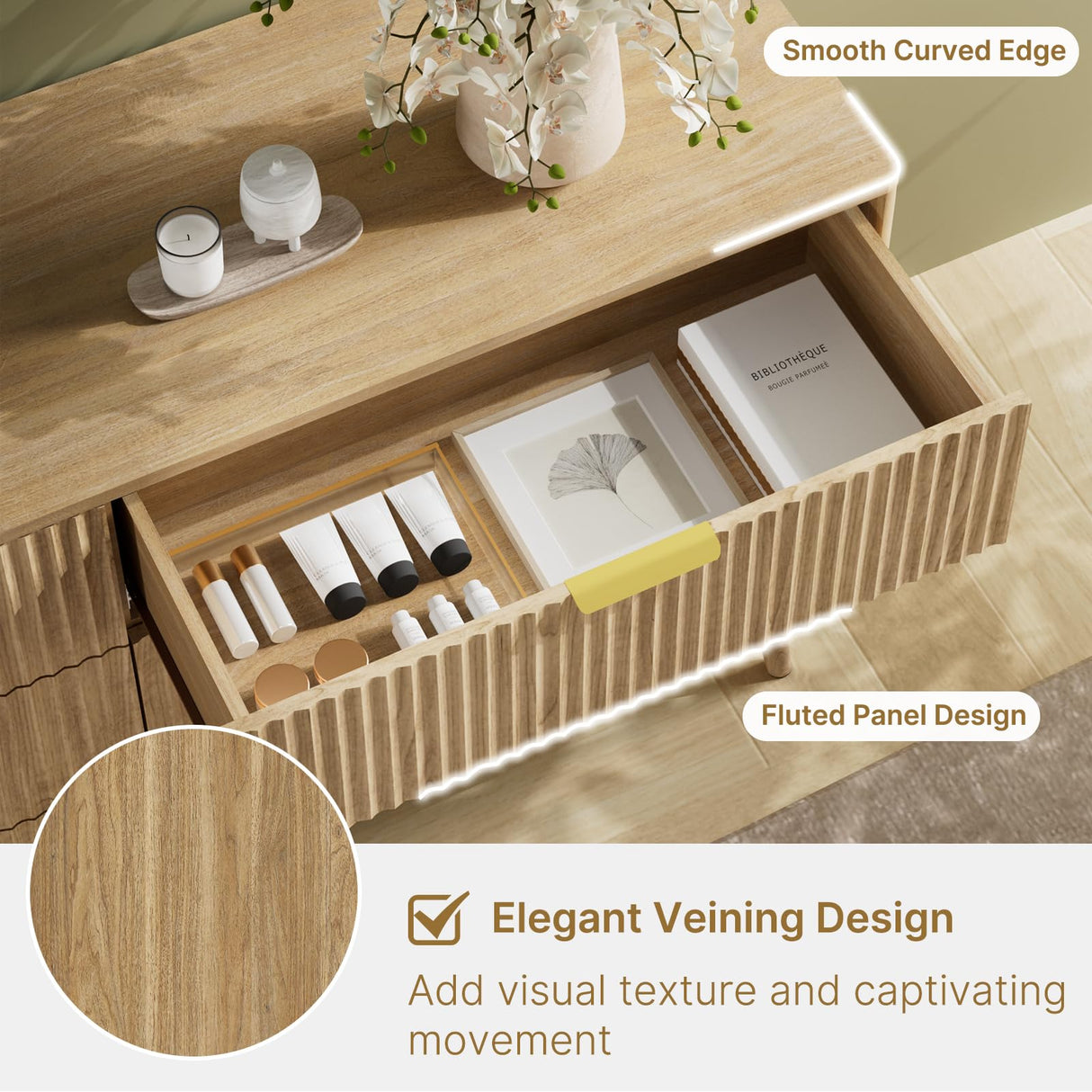 LYNSOM 6 Drawers Fluted Dresser for Bedroom, 55" Wide Modern Chest of Drawers with Metal Handle and Curved Profile Design, Dresser TV Stand, Wood Drawer Organizer for Living Room, Hallway, Natural Oak LYNSOM