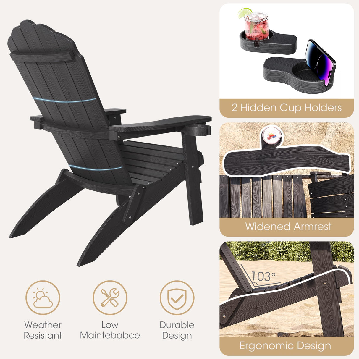 Qsun Outdoor Folding Adirondack Chair of 2, Weather Resistant Patio Chair with Cup Holder for Outside, Deck, Lawn, Backyard, Garden, Fire Pit, Campfire Lounger, Black, Large Qsun