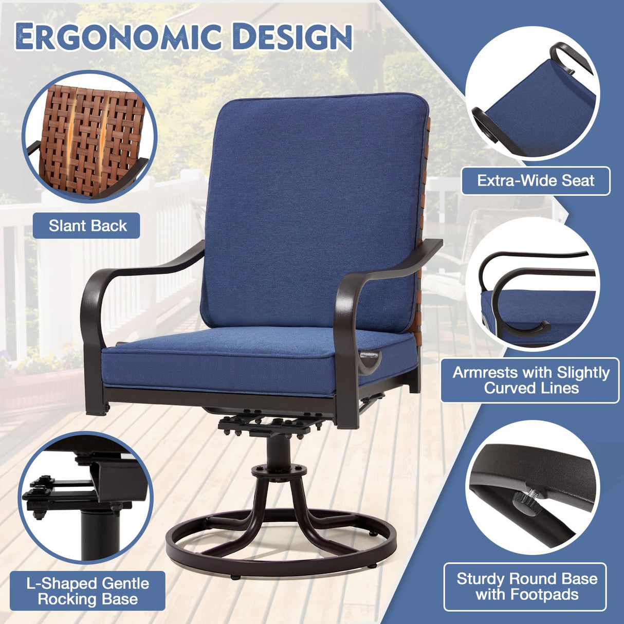 MELLCOM 5-Piece Outdoor Dining Set, 4 Swivel Leather-Look Chairs with Cushions & Square Dining Table with Umbrella Hole, Patio Furniture Set for Porch, Garden, Backyard, Poolside, Deck, Blue MELLCOM