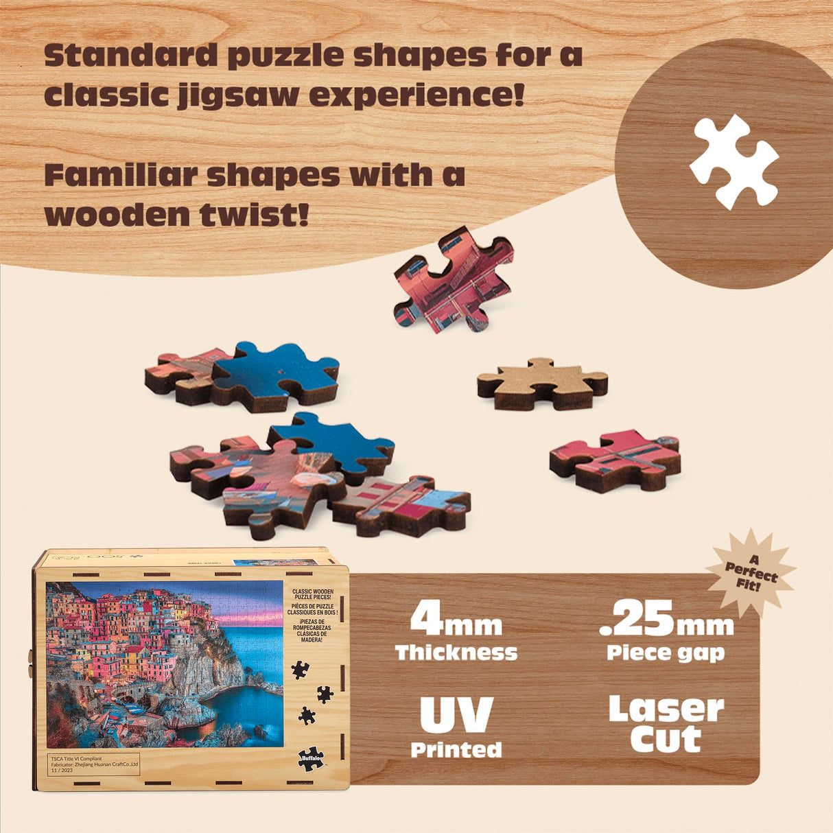 Buffalo Games - Cinque Terre Wood Puzzle - Standard Cut Jigsaw Pieces - 500 Piece Jigsaw Puzzle - Ages 14 and Up Buffalo Games