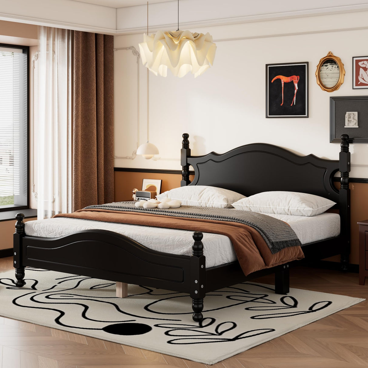 Harper & Bright Designs Retro Style Queen Size Platform Bed Frame with Sturdy Headboard in Black Harper & Bright Designs
