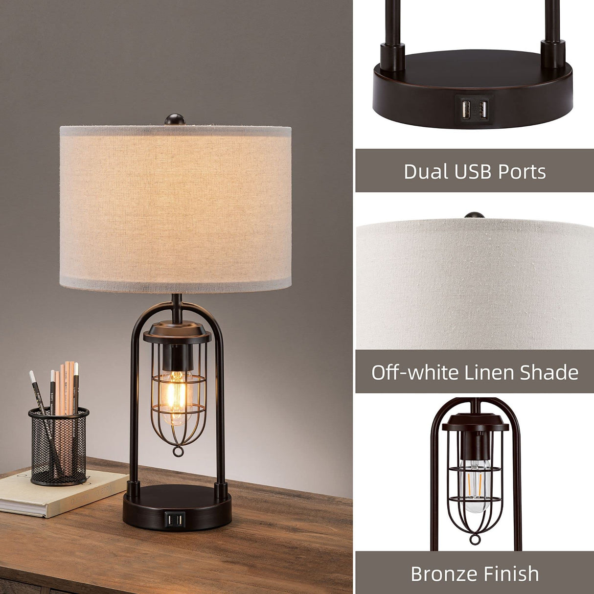 KAWOTI Set of 2 Farmhouse Table Lamps with USB Ports and Night Light Modern Nightstand Lamp for Living Room Bedroom(Bulbs Included) KAWOTI