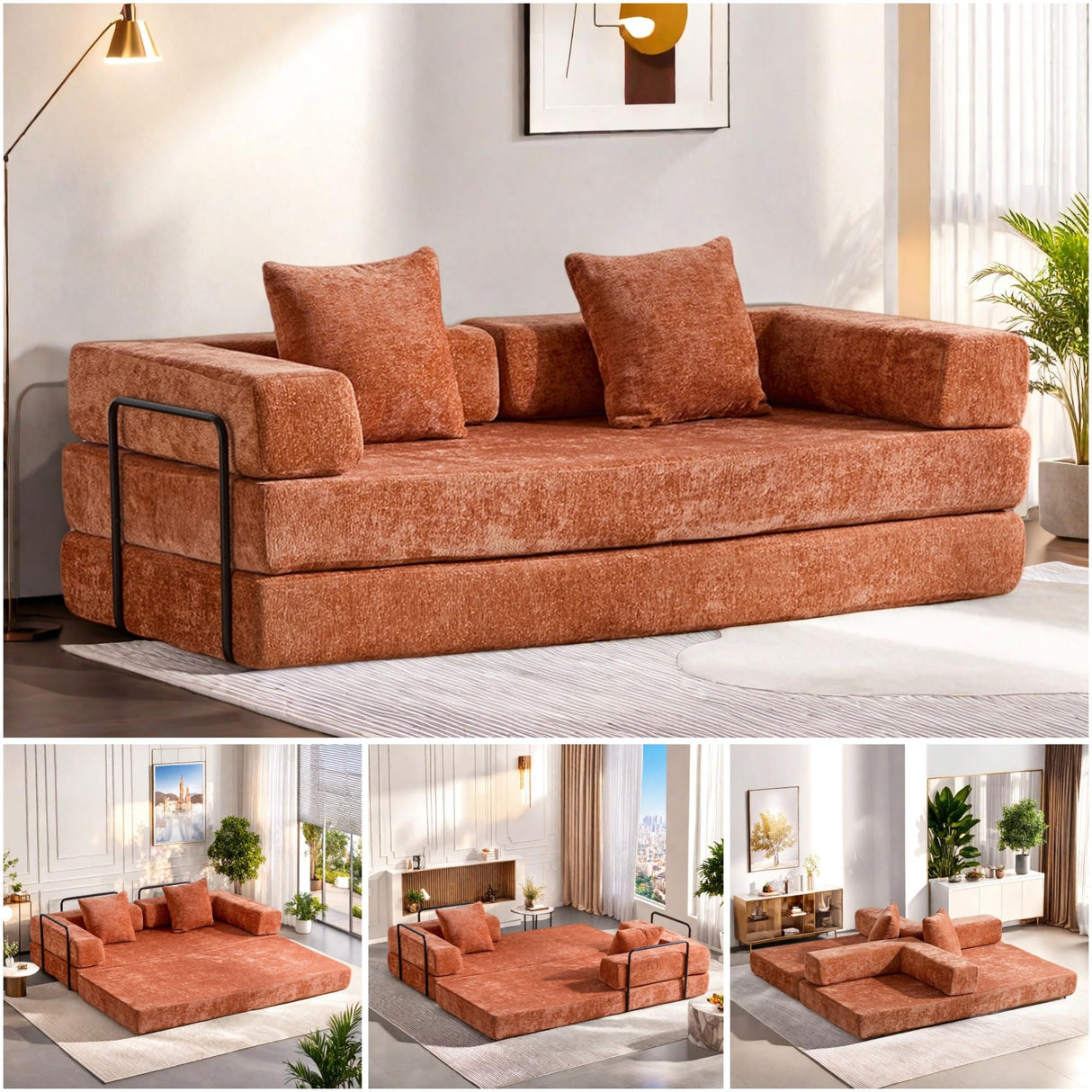 Trygoal Convertible Floor Sofa Bed, Foldable Mattress Cloud Couch with Pillow Back & Armrest, Chenille Sleeper Sofa Bed with Fixed-Shape Frame, Compressed Couch for Living Room Bedroom, Orange Trygoal