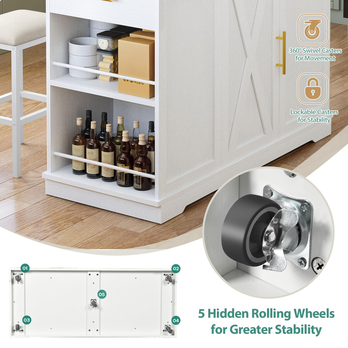 YITAHOME Kitchen Islands with Seating, 47" Mobile Storage Island with Drop Leaf, Rolling Island Table with Tilt Out Trash Can Cabinet, Home Bar Table Include 2 Chairs, Side Spice Rack & Drawer, White YITAHOME