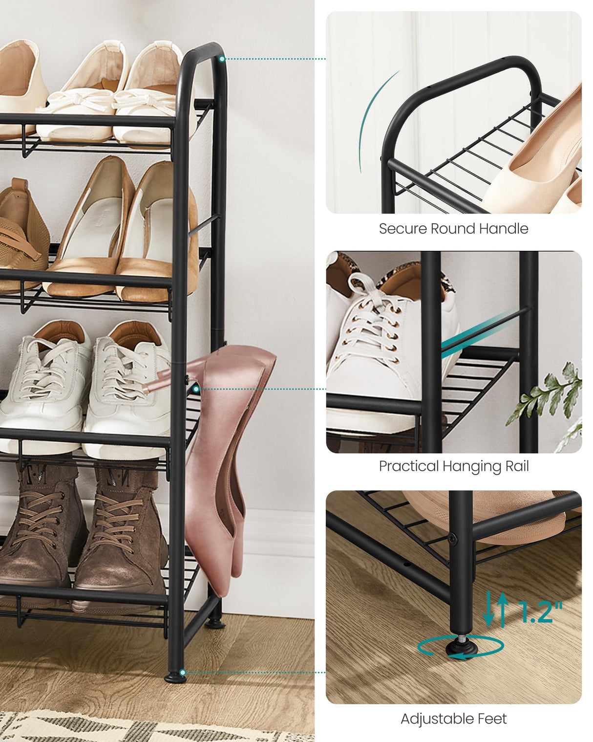 SONGMICS Shoe Rack, 4 Tier Shoe Organizer for Closet, Holds up to 16 Pairs of Shoes, Shoe Rack for Front Door Entrance, Metal Shoe Shelf with Adjustable Tilt Angle, for Entryway, Garage, Black SONGMICS