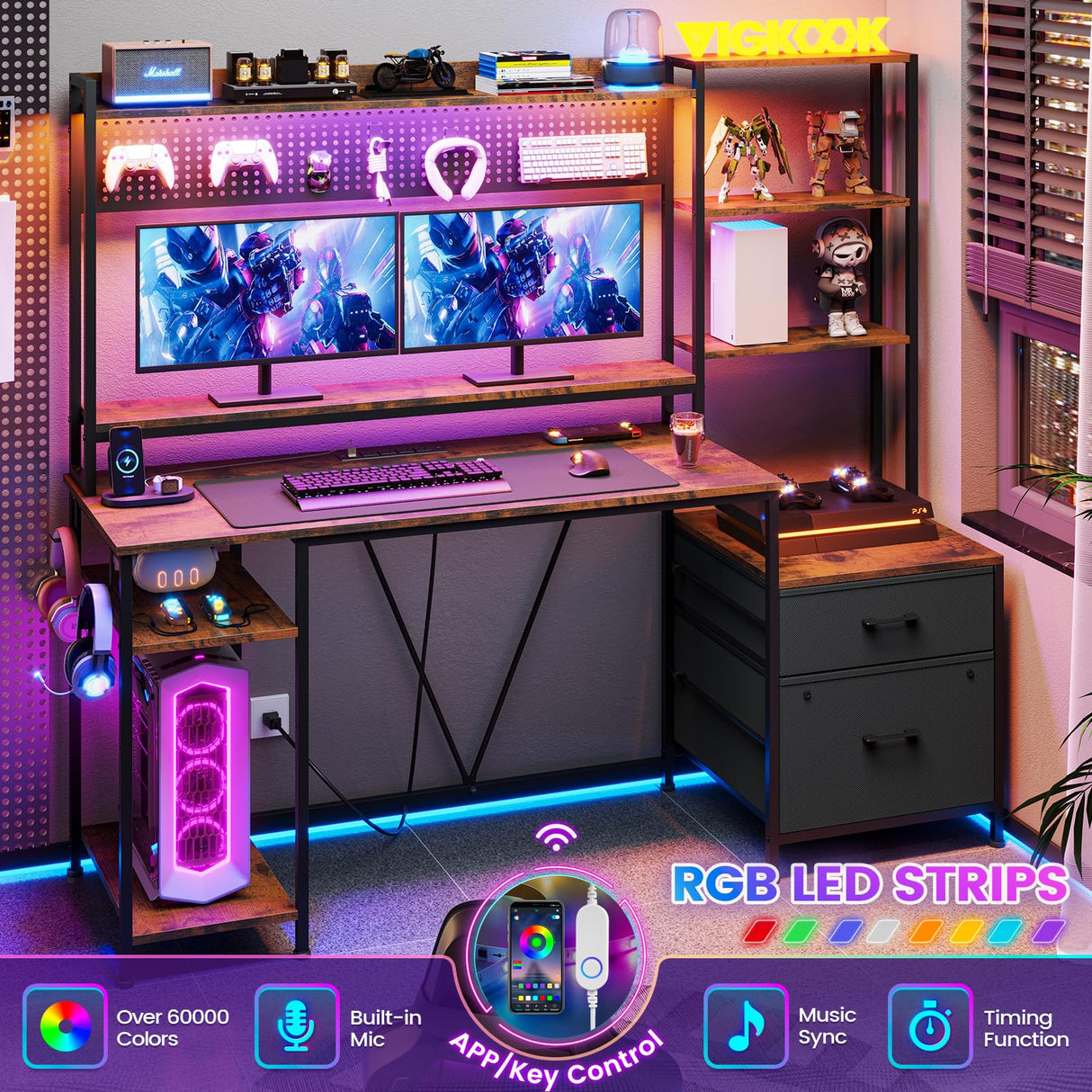 VIGKOOK 65in Gaming Desk with Hutch and Power Outlets, LED Lights, 2 Drawers, and Ample Storage in Rustic Brown VIGKOOK