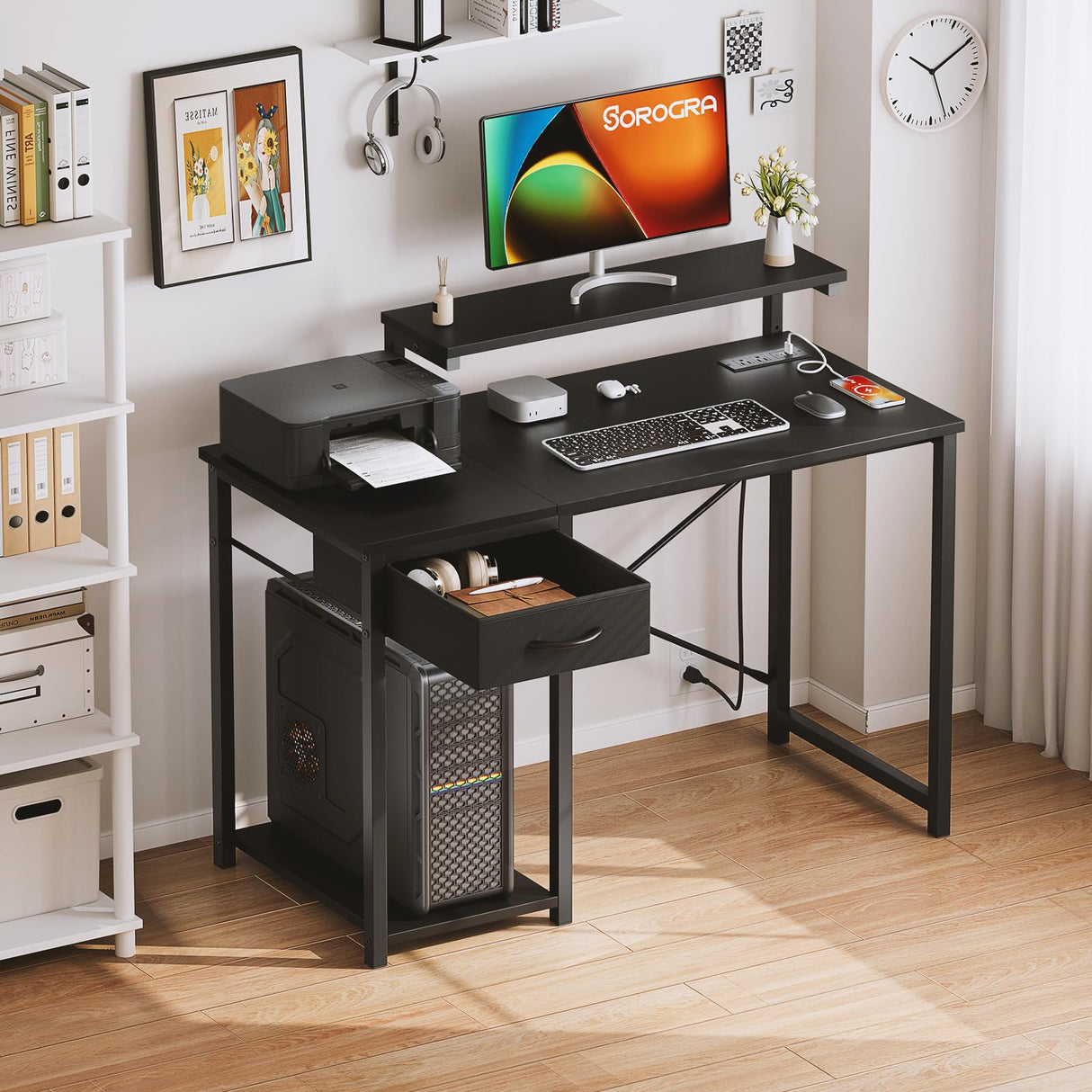 SOROGRA Computer Desk with Adjustable Monitor Stand, 39.4 in Small Desk with Reversible Storage Shelves, Office Desk with Large Desktop Spaces for Home Bedroom Workstation, Black SOROGRA