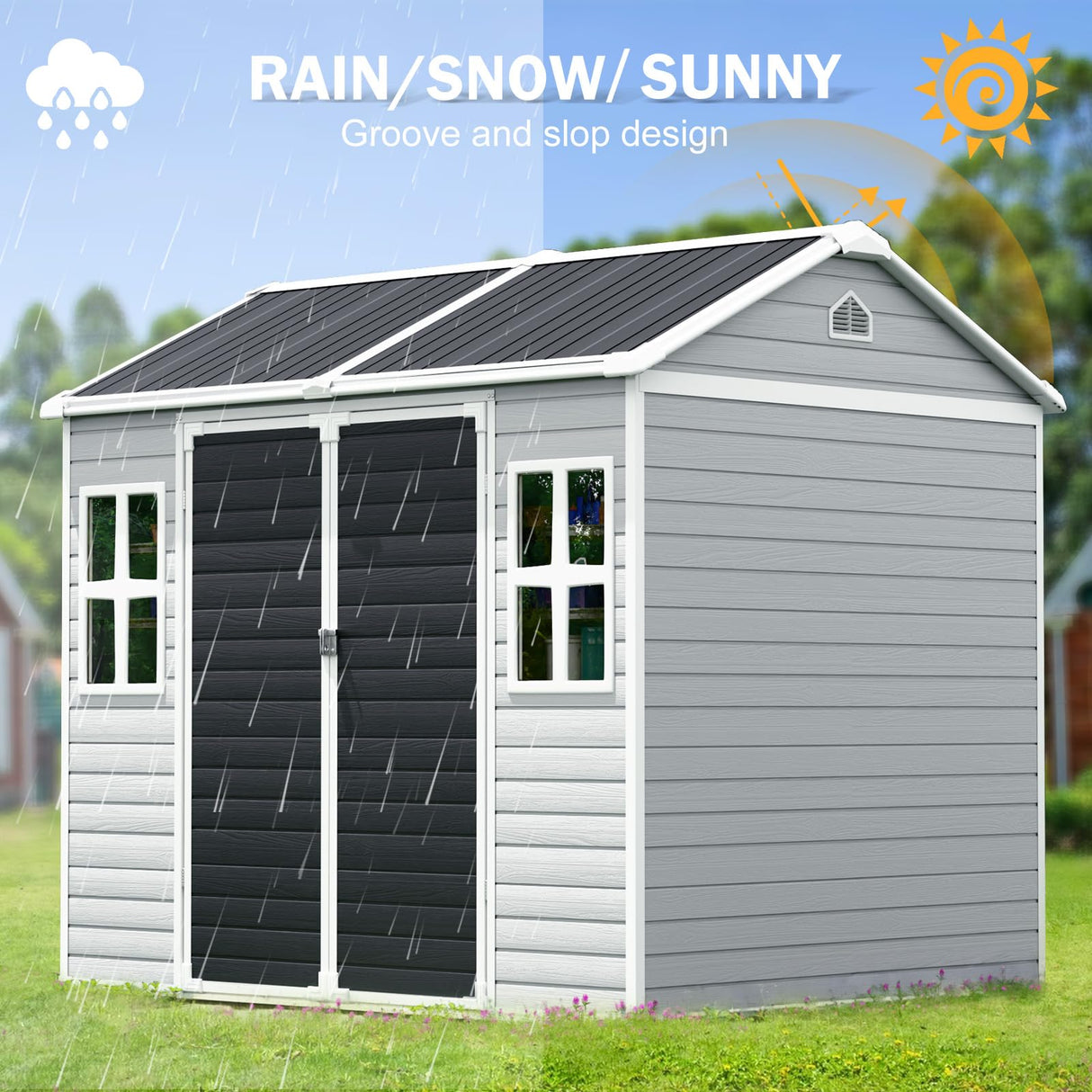 CDCASA 8x6X7 FT Resin Shed, Waterproof Large Outdoor Storage Shed with Floor & Lockable Door & 2 Windows, Plastic Tool Shed for Outside, Backyard, Patio, Poolside, Bike, Grey CDCASA