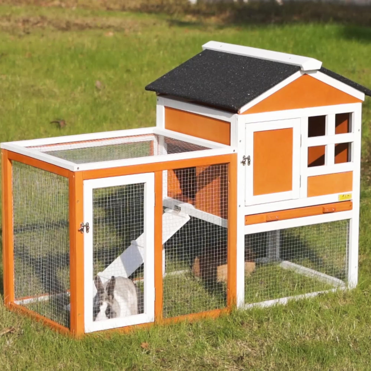 Rabbit Hutch Indoor Bunny Cage Outdoor Wooden Chicken Coop Small Animal Enclosure with Pull Out Tray & Weatherproof Asphalt Roof,48" L x 24" W x 35" H Orange COZIVVOVV