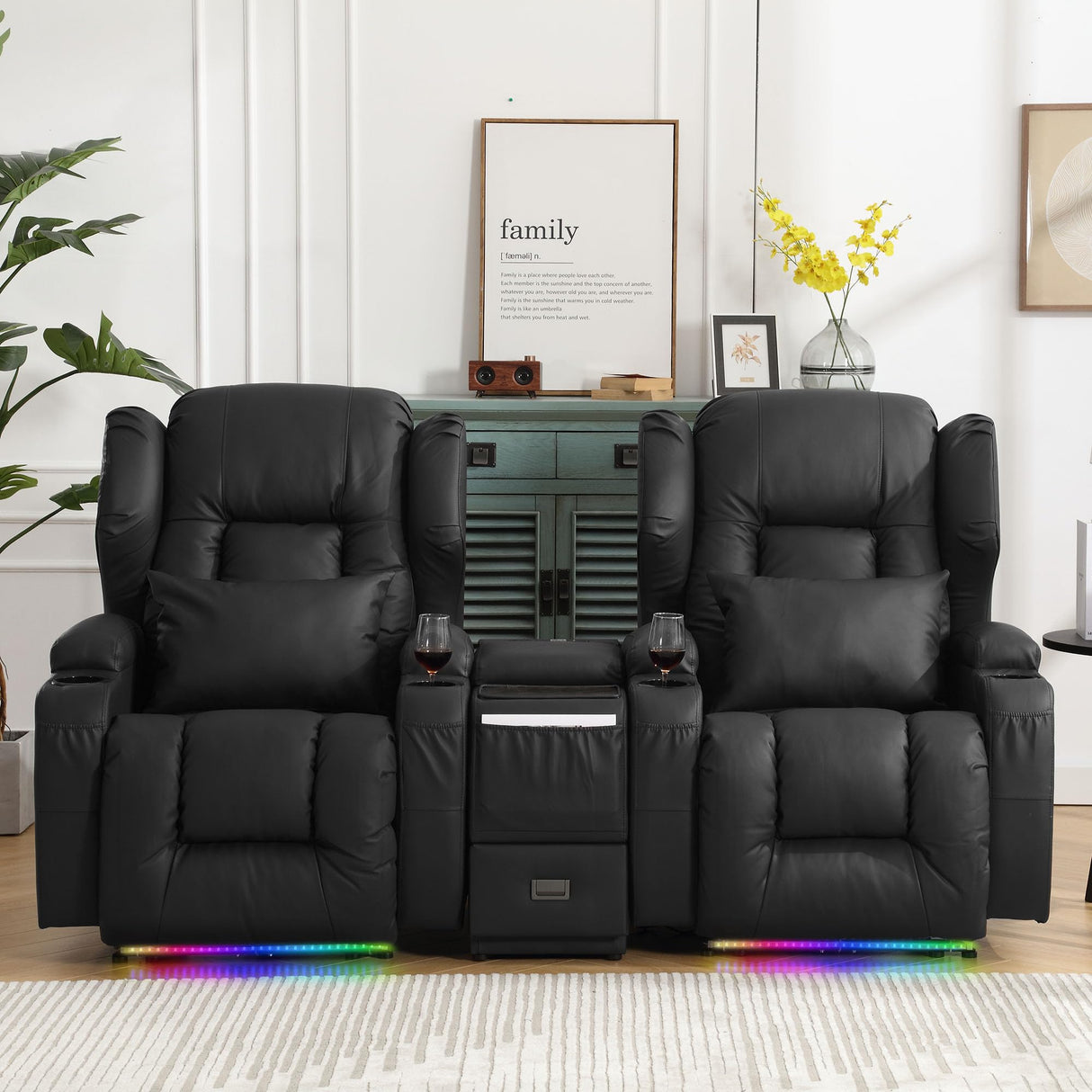 DRMBOOK Power Recliner Chair, Electric Wall Hugger Reclining Sofa with Massage & Heat, Overstuffed Theater Seating with LED/USB Port/Cup Holders for Living Room (Leather Black, 1 Chair) DRMBOOK