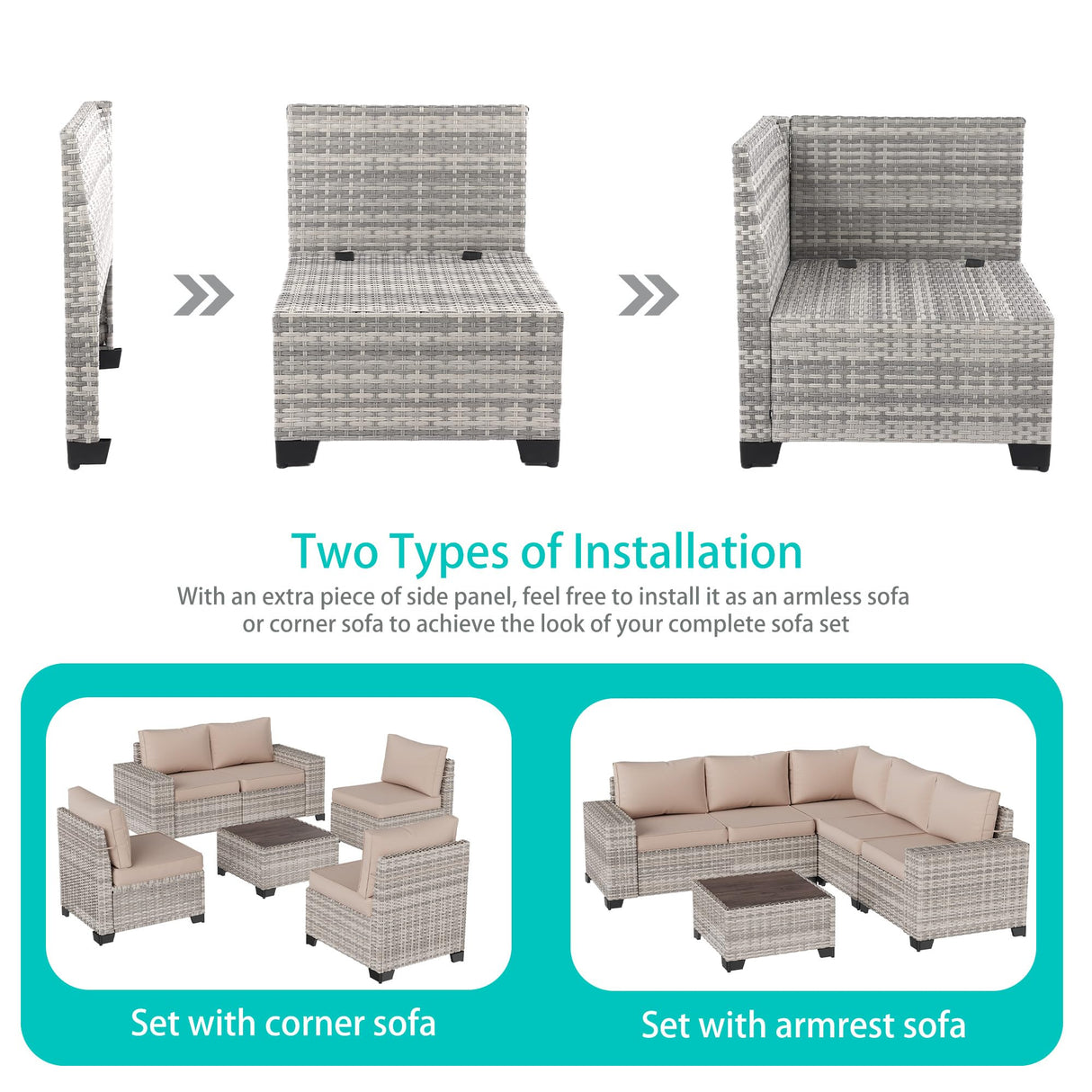 Muphyers 13-Piece Outdoor Patio Furniture Set with 55,000 BTU Fire Pit Table, PE Wicker Rattan Sectional Sofa Patio Conversation Set with Thickened Cushions & Coffee Table, Beige Muphyers