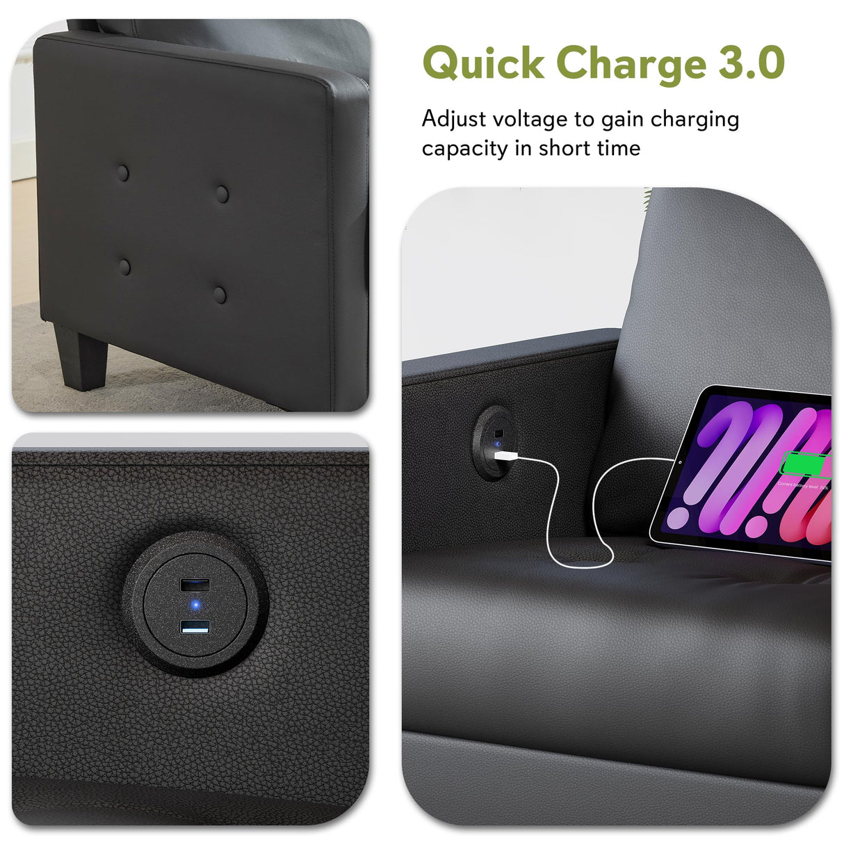 STHOUYN 59” Black Faux Leather Sofa Couch, Modern Comfy Office 2 Seater Couch Loveseat with USB and Tufted Armrest, Small Love Seat Couches for Living Room, Bedroom, Apartment STHOUYN