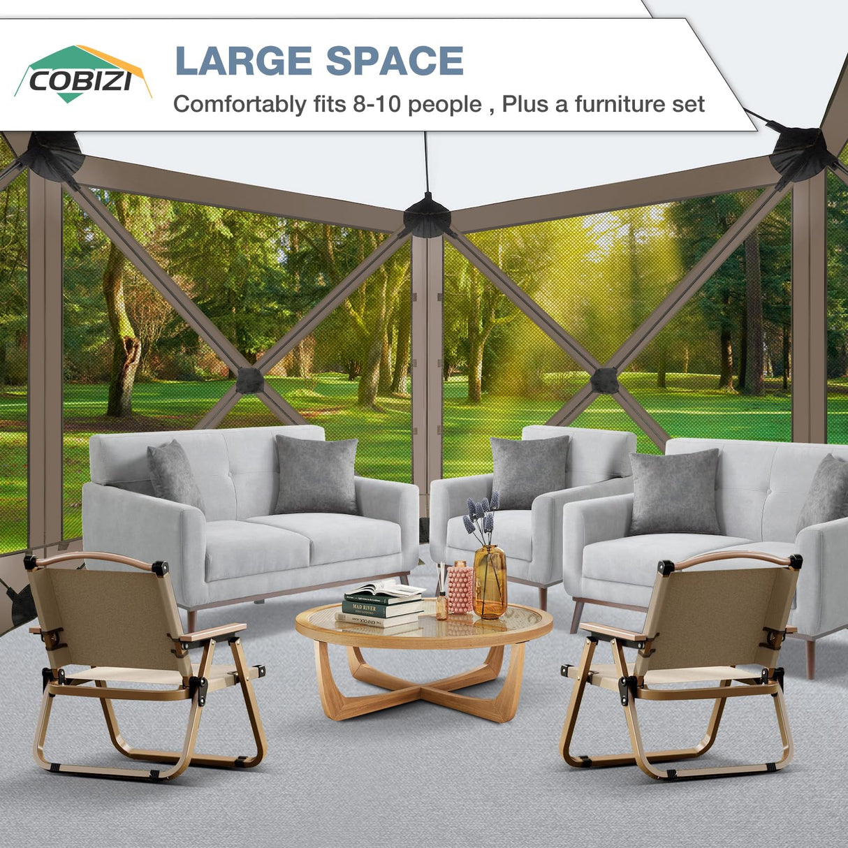 COBIZI Pop Up Gazebo Screen Tent Screen House for Camping, 10FTx10FT Screen Room with Mosquito Netting, Hub Tent Instant Screened Canopy with Carrying Bag and Ground Stakes, Brown COBIZI