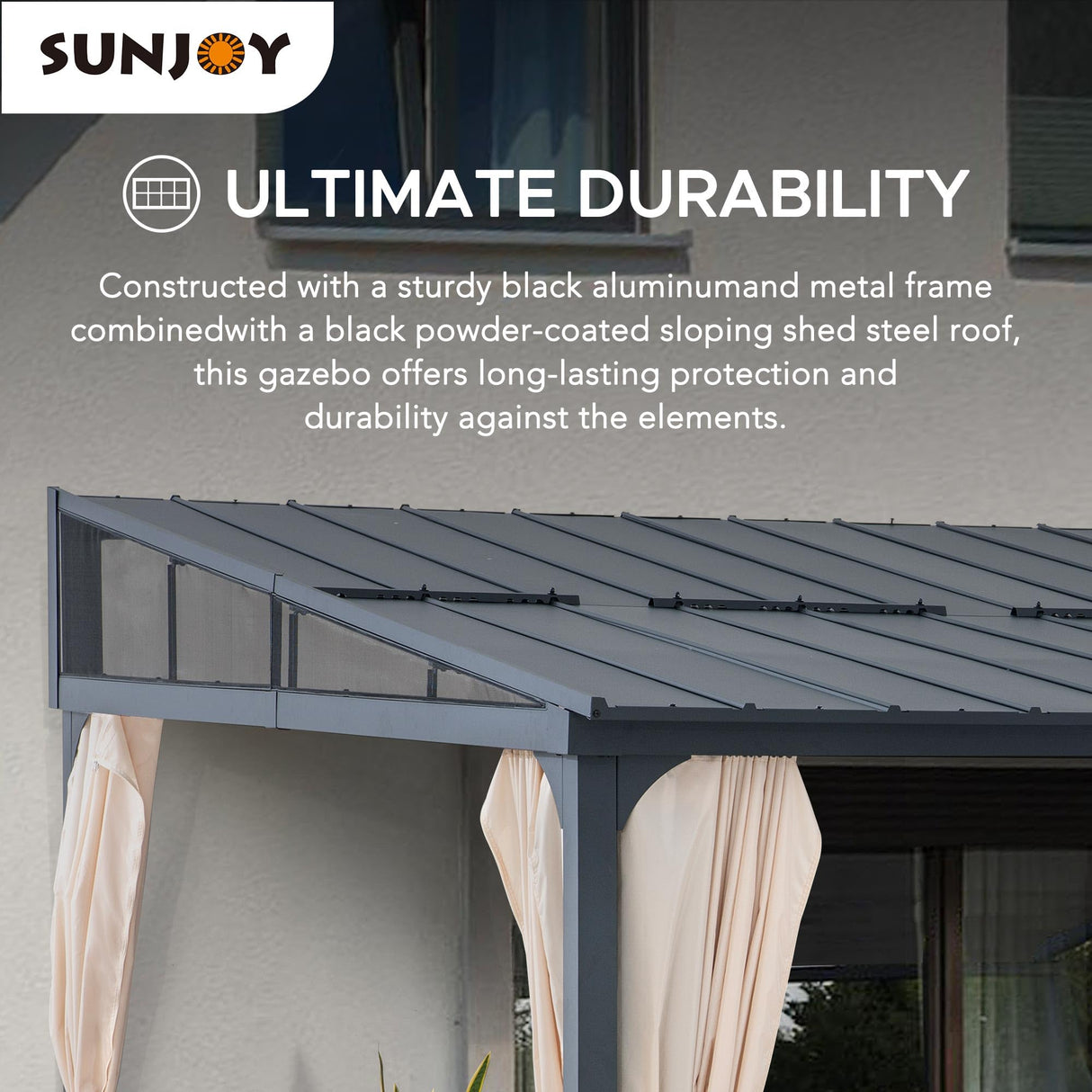 Sunjoy 12 x 14 ft Wall Mounted Gazebo with Powder Coated Steel Roof, Black Aluminum & Metal Frame Lean to Gazebo with Curtains and Netting Sunjoy