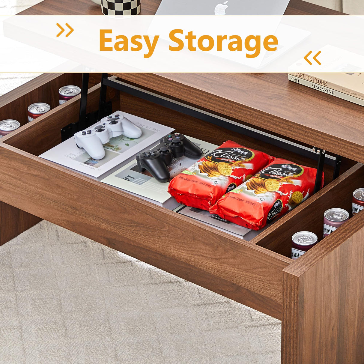 Small Lift Top Coffee Table, Wood Rectangle Coffee Table with Lifting Top and Hidden Storage Compartment, Mid Century Modern Center Tables for Small Space, Living Room, Office (Walnut) QHITTY