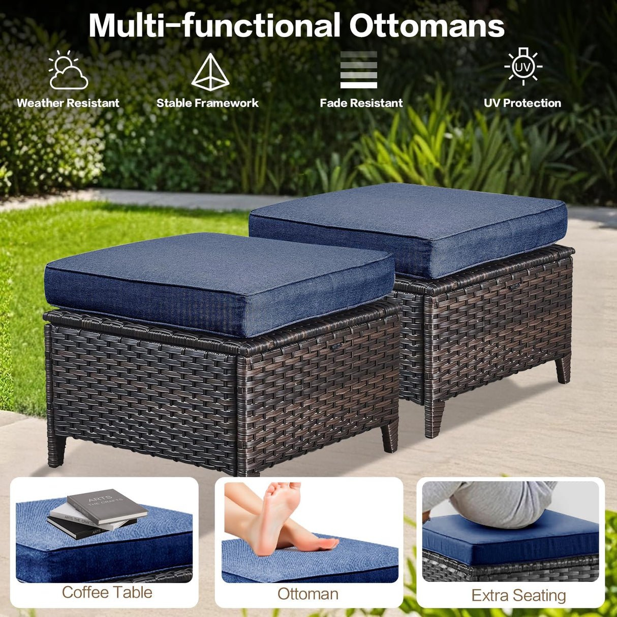 XTWEEX 7 Pieces Outdoor Patio Furniture Conversation Set Rattan Wicker with Fire Pit Table, 3 Seat Sofa, 2 Swivel Rocker Chairs, 2 Ottomans and 1 Side Table for Yard Backyard BNB (Brown/Navy Blue) XTWEEX