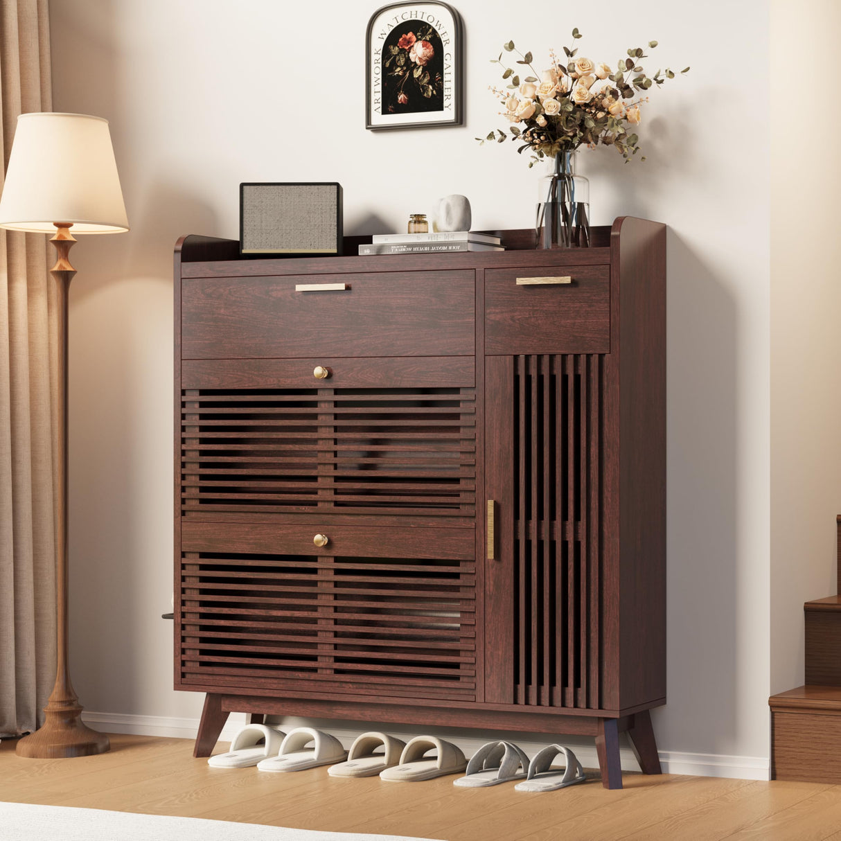 IRONCK Shoe Cabinet, Mid Century Shoe Storage with 2 Flip Drawers & Grille Doors Design, Shoe Rack Cabinet with Hooks and Side Cabinet, Shoe Organizer for Entryway, Natural Red Walnut IRONCK