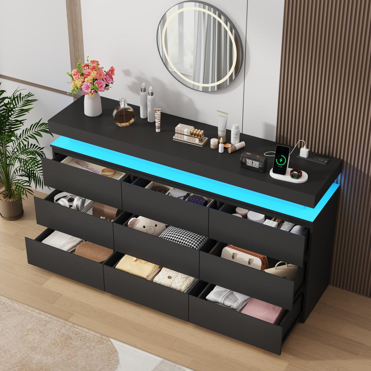 St.Mandyu 9 Drawer Dresser with Power Outlet, 63" Wide Dresser with LED Light, Modern Chest of Drawers for Closet, Double Drawer Organizer Cabinet for Bedroom, Living Room, Black St.Mandyu