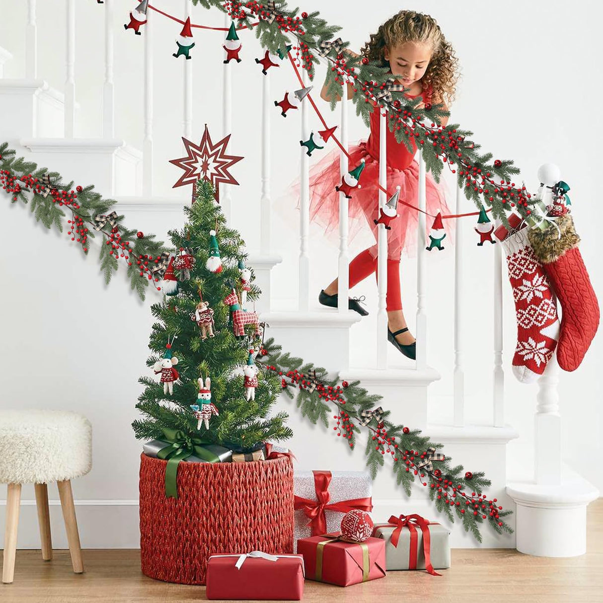 YYHUAWU 6FT Christmas Garland with Red Berries Bows Christmas Balls, Multi-Function Christmas Pine Needles Garland for Mantle Table Front Door Indoor Outdoor Christmas Holiday Decor YYHUAWU