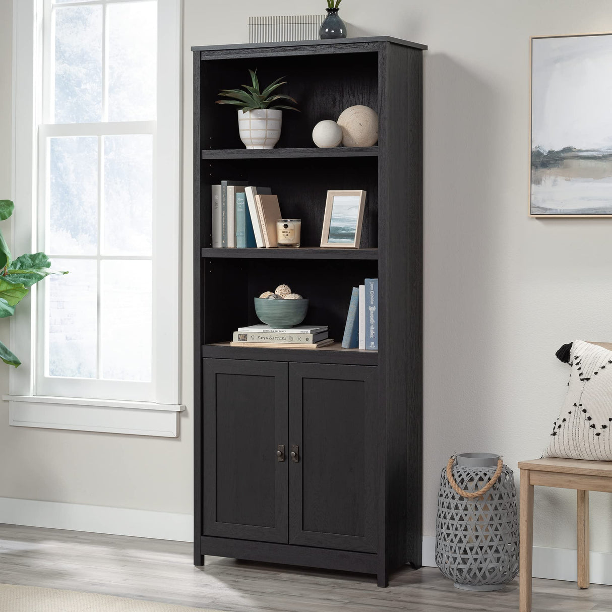 Sauder Cottage Road Book Shelf, Bookshelf with Storage, Library Bookcase with Doors and Adjustable Shelves, in Raven Oak Finish Sauder