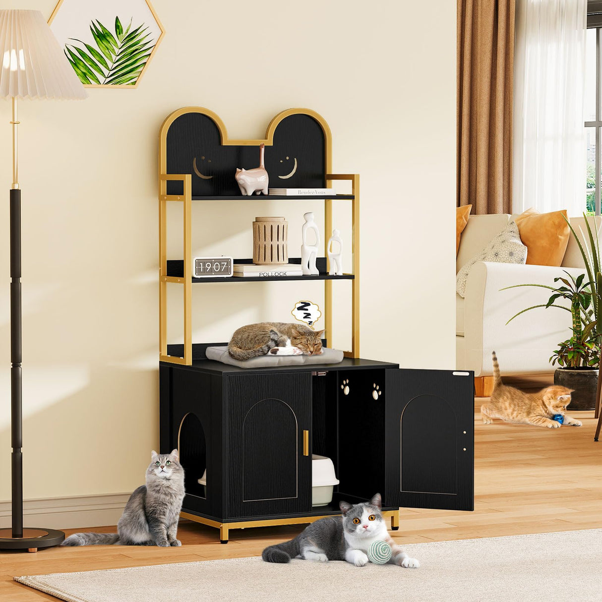 Snughome Cat Litter Box Enclosure with Storage Shelves, Indoor Hidden Cat Litter Box Enclosure Furniture, Wooden Cat Washroom Furniture Cabinet with Metal Frame, Modern Style, Black and Gold Snughome