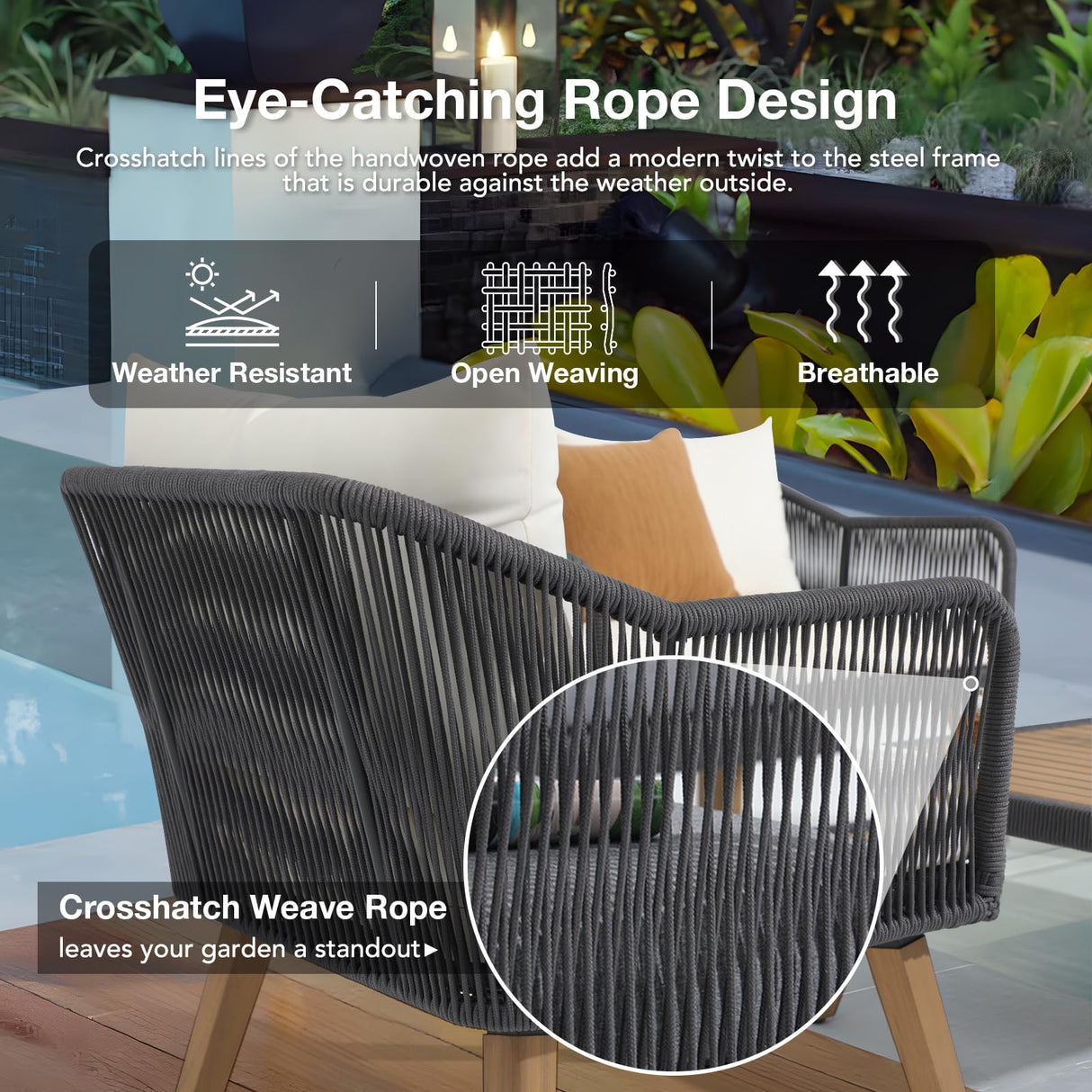 Patiorama 4 Piece Patio Furniture Set, Outdoor FSC Certified Acacia Wood Conversation Set, All-Weather Rope Sofa Set w/Coffee Table, Loveseat, Modern Deep Seating Set for Lawn Balcony Poolside, Cream Patiorama