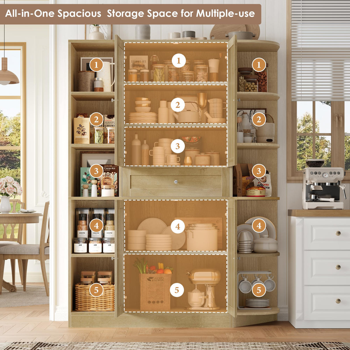 FACBOTALL 71" Tall Pantry Cabinet with Storage, 47'' Wide Freestanding Kitchen Cabinet with Doors & Shelves, Buffet Sideboard with Drawer, Cupboard for Kitchen, Dining Room, Utility Room, Light Oak FACBOTALL