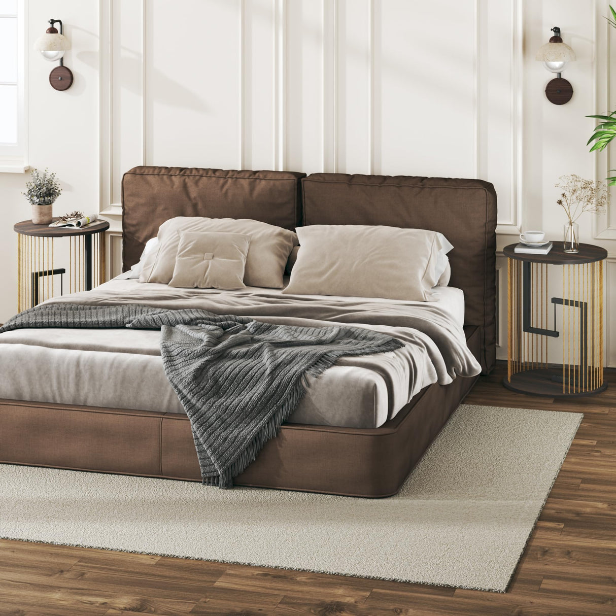 Side Table, Round End Table for Living Room, Bedroom, Black LED Nightstand Set of 2 with Twine Rope Design, Mid Century Modern Wood Accent Coffee Table, Antique Nightstand HUAHUU